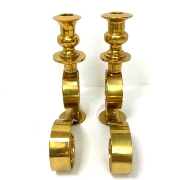 Vintage Pair Brass Scroll Candlestick Candle Holders Taper Dinner - Picture 3 of 7